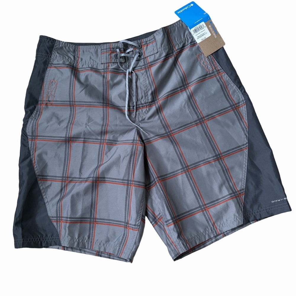 NWT COLUMBIA Gray and Red Plaid Men SZ36 Swim Board Shorts Zippered Pocket Beach - Picture 2 of 9